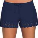 ChinFun Women's Board Shorts Swimswear Bottoms Tankini Swim Bathing Briefs Swimsuit Boardshorts Beach Trunks with Liner (Improved & Wave Edged Pierced-navy)