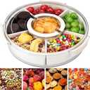 Snackle Box Container Divided Serving Tray with Lid, 6-Compartment Portable Spinning Round Stackable Container, Handle for Organize Veggies, Fruit, Candy, Party Snacks, Nuts, Kitchen Party Essentials
