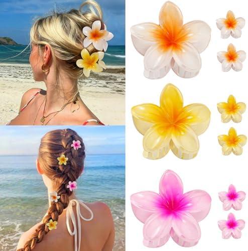 9 Pcs Hawaiian Flower Hair Clips for Women Girls, Plumeria Claw Clips for Thick/Thin Hair, Strong Hold Summer Beach Cute Hair Accessories Tropical Decorative, Large & Small (3Set)