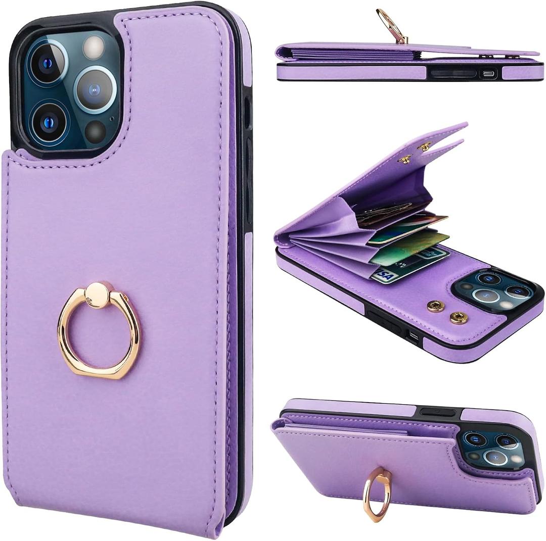 Folosu Compatible with iPhone 13 Pro Max Case Wallet with Card Holder, 360Rotation Finger Ring Holder Kickstand Protective RFID Blocking PU Leather Double Buttons Flip Cover 6.7 Inch Purple
