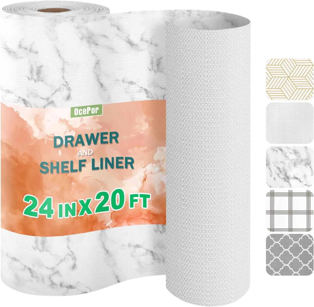 OcePor Non-Adhesive Drawer and Shelf Liner 24IN x 20FTNon Slip Cabinet and Cupboard Liner, Kitchen Cabinet Liners for Shelves, Waterproof Drawer Shelf Liners for Cabinets/Bathroom Cupboard, Marble