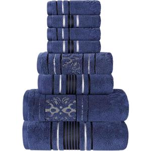 Superior Cotton 8 Piece Assorted Floral Towel Set, Includes 2 Bath, 2 Hand, 4 Washcloth/Face Towels, Quick Dry, Home Essentials, Shower, Spa, Luxury Plush Soft Absorbent Towels, Zero Twist, Navy Blue