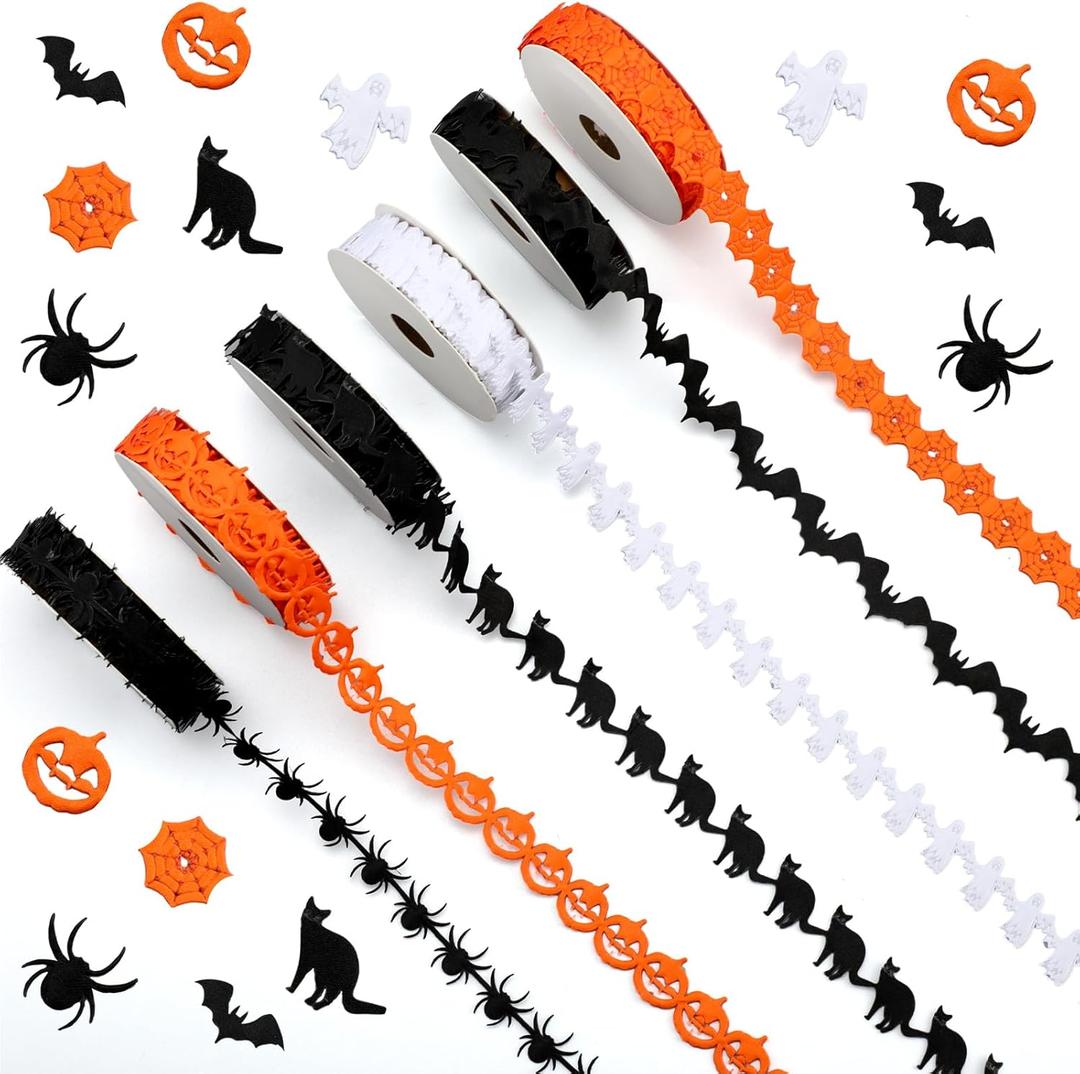Hoteam 6 Rolls Halloween Ribbons Pumpkin Bat Ghost Shape Halloween Craft Thin Ribbon 30 Yards Garland Black White Orange Trim Embellishment for DIY Craft Gift Wreath Wrapping Holiday Party Decoration