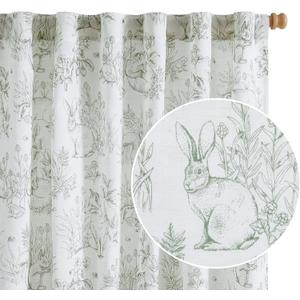 jinchan Linen Nursery Curtains 63 inch Long Woodland Wildlife Sage Green Print Drapes for Kid's Room Light Filtering French Country Farmhouse Curtains with Bunny and Forest Design Set of 2 Panels