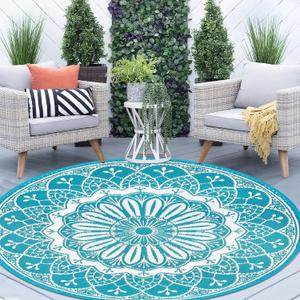 Cekene Reversible Outdoor Patio Rugs 6Ft Waterproof Round Outdoor Rugs with Carry Bags Lightweight Plastic Straw Rugs Blue Portable RV Camping Mat Floor Carpet for Deck Porch Picnic BBQ