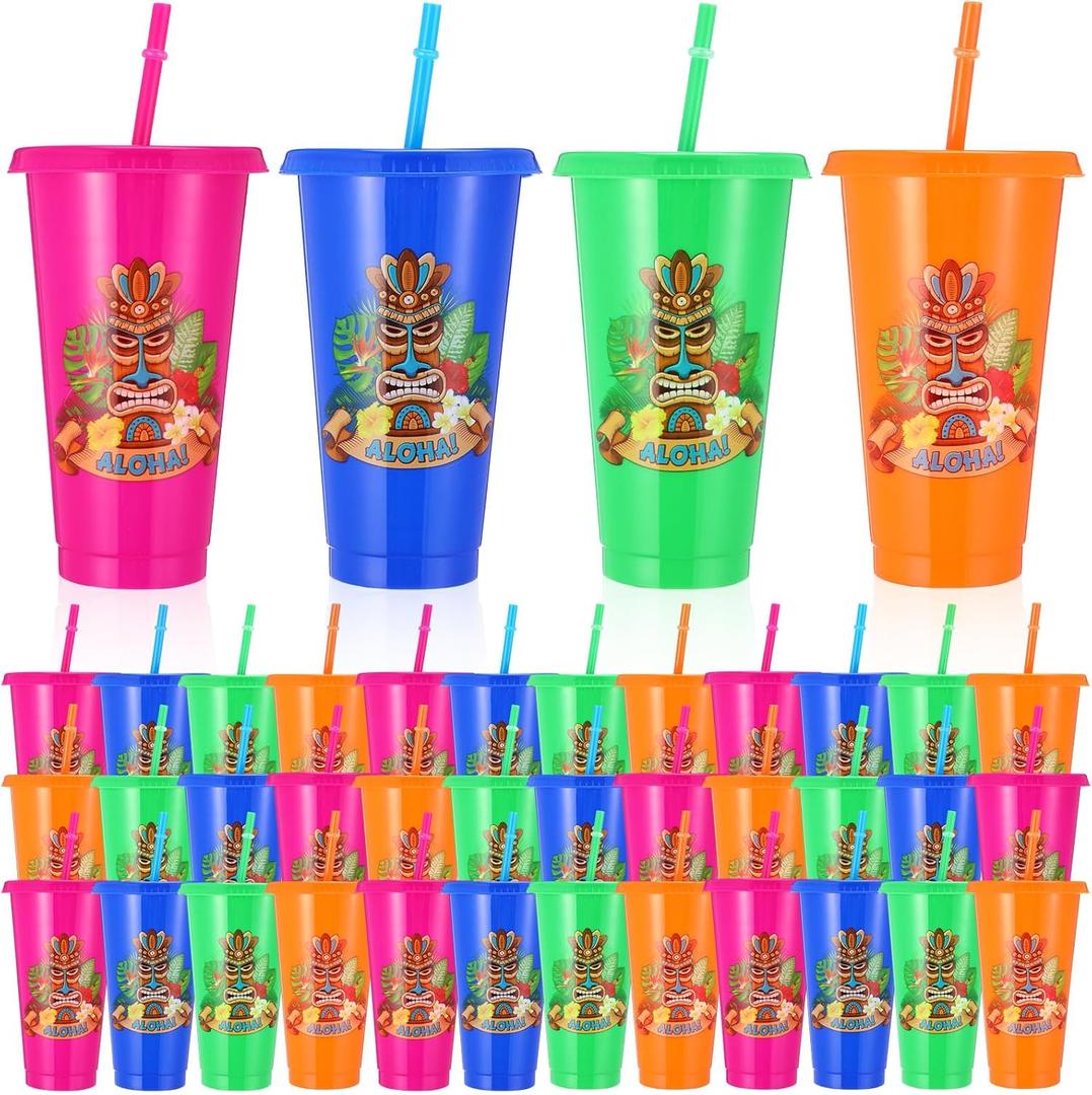 36 Pcs Plastic Tiki Cups 24 oz Hawaiian Tumbler with Lid and Straw Bulk Tiki Reusable Plastic Mug Cups Mai Tai Glasses Luau Water Bottle for Cocktails Party Drinking Coffee Travel Supplies