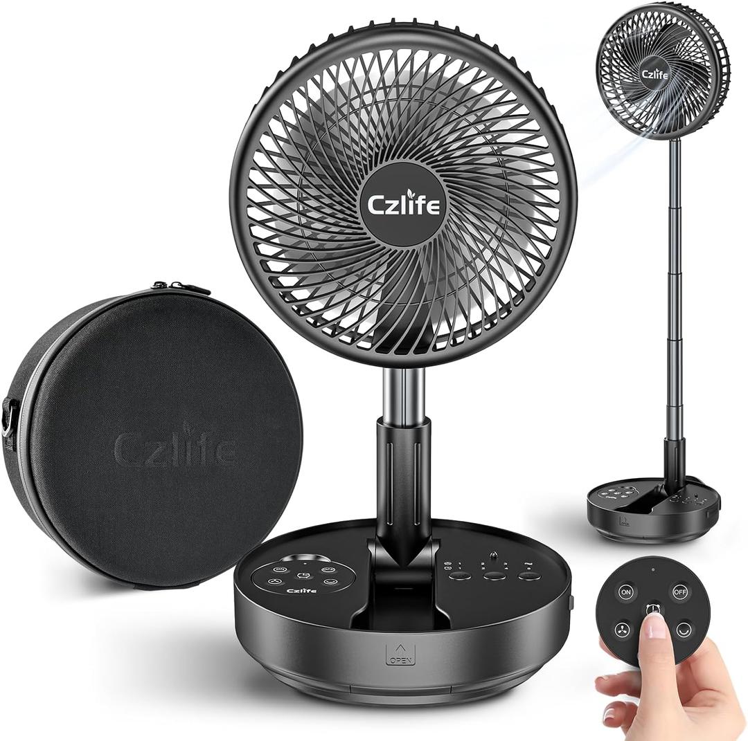 Czlife F9 Portable Fan, 10000mAh Rechargeable Battery Powered for Travel Sleeping Camping Bedroom Outdoor, Cordless Floor Desk USB Fan with Remote, 4 Speed, Timer, 7.7" (Black with Case&Charger)