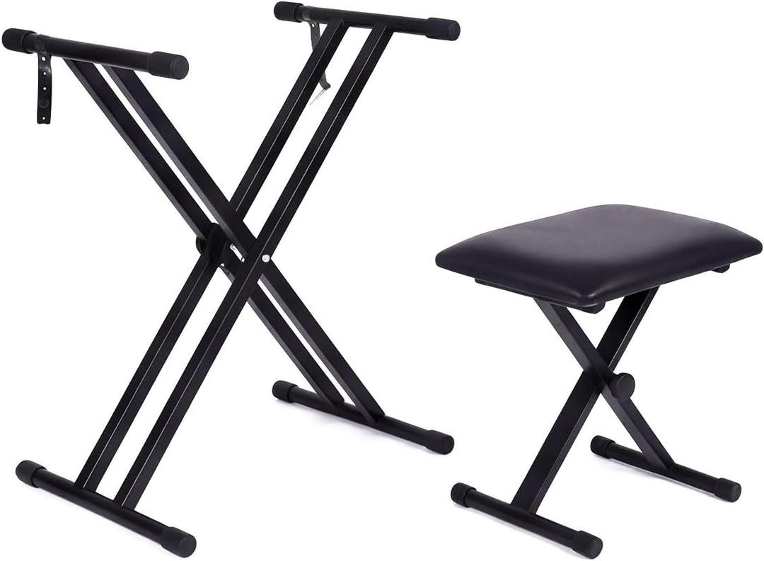 Keyboard Piano Stand and Bench Set with Piano Stickers | 7-Level Height Adjustable, Lockable Safety Straps, Foldable & Portable, Fits 61 76 88 Keyboards, Sturdy Bench Chair Included