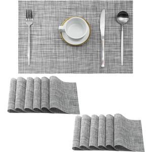 Leetaltree Linen Grey Placemats Set of 12 - Heat Resistant Non-Slip Place mats for Dining Table, Washable Durable PVC Vinyl Woven Table MatsLinen Grey, 12