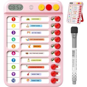 Magnetic Chore Chart for Kids with Time Timer, 99-Min Countdown/Up Visual Timer, Dry-Erase Reward Chart with Sliders, to Do List & Routine Checklist, Visual Schedule, Autism/ADHD Tools (Pink)
