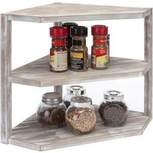 MyGift Rustic Brown Washed Solid Wood Kitchen Counter Corner Shelf, 3 Tier Storage Organizer Spice Rack Condiment Shelf