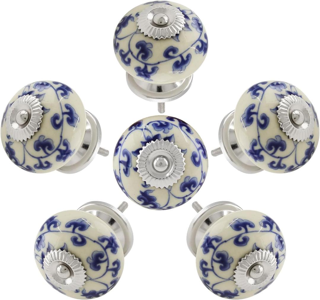 Piutouyar 6PCS Vintage Ceramic Cabinet KnobsFloral Hand Painted Ceramic Pumpkin Cupboard Pulls Knob Wardrobe Cabinet Drawer Door Handles, Blue and White Flower