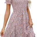 EeYu Women's Summer Dress Casual Short Sleeves V-Neck Flowy Smocked Knee Length Dresses with Pockets, Small