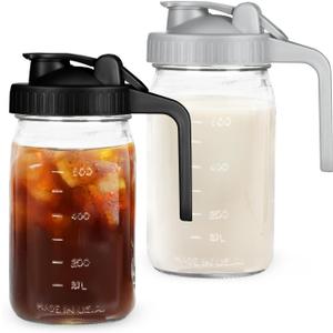 Breast Milk Pitcher Mason Jar - 2Pack Easy Pouring 32oz Airtight Glass Jar with Pour Spout Lid, Classic Wide Mouth Jug Easy to Clean, Ideal for Coffee & Creamer, Iced & Sun Tea, Juices (1 Quart, Black&Grey)