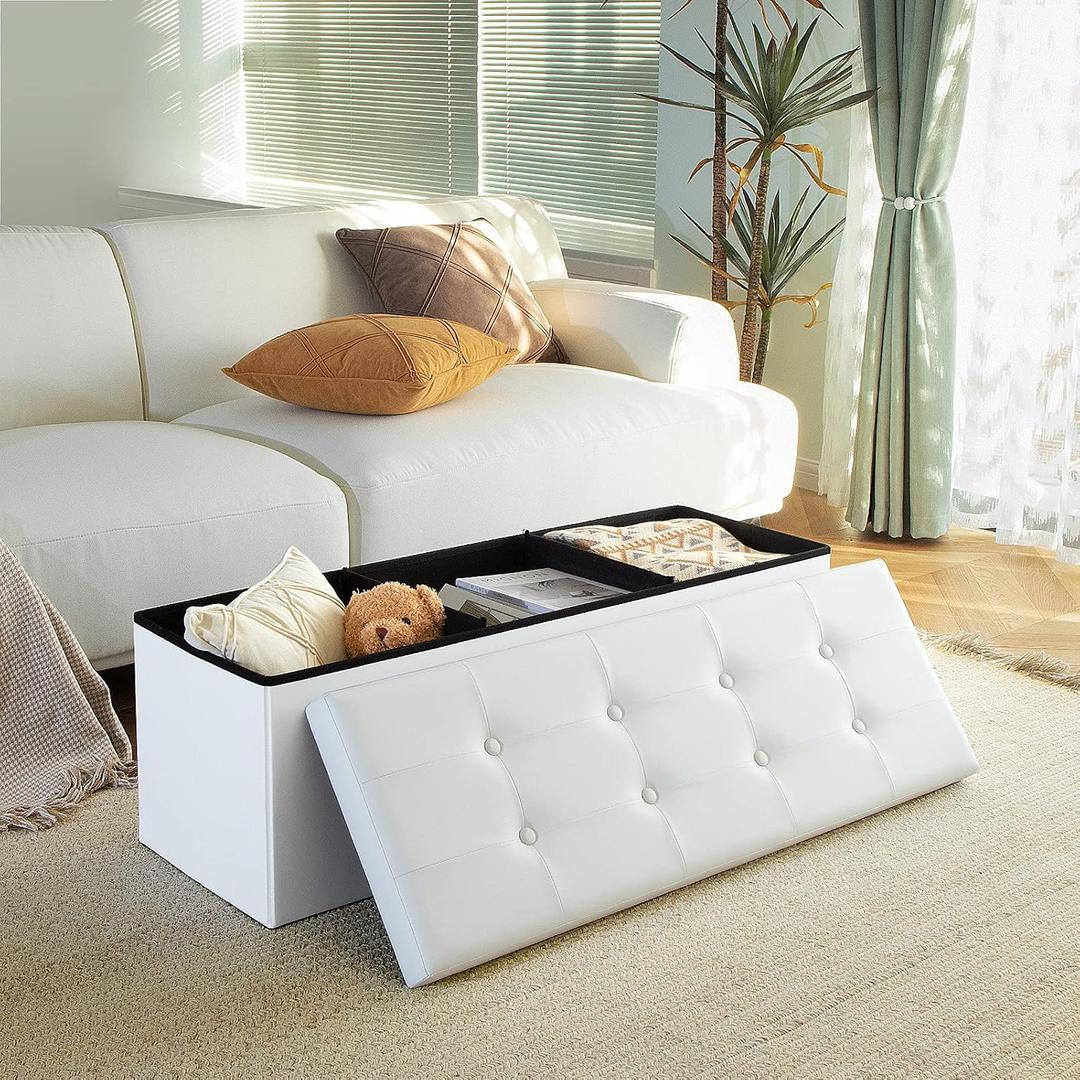 Camabel 43 Inch Folding Storage Ottoman Bench 120L Hold up 700lbs Ottoman with Storage Chest Foam Seat Padded Foot Rest Stool Faux Leather Bedroom Bench Coffee Table White, 15"D x 43"W x 15"H