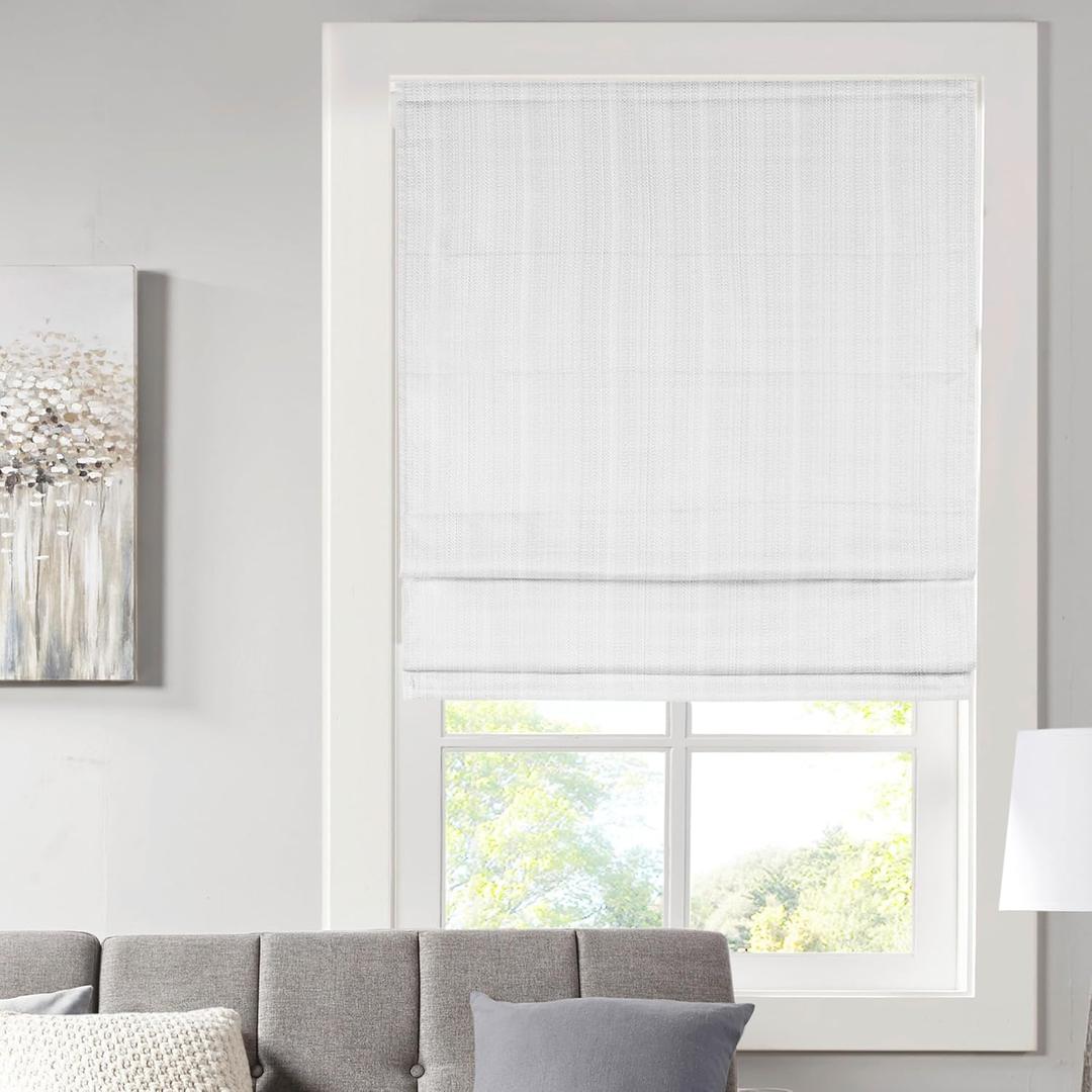 Madison Park Galen Cordless Roman Shade, 27"W x 64"H, Sheen White  Room Darkening, Thermal Insulated, Energy Efficient Window Blind with Subtle Sheen Basketweave Fabric for Privacy