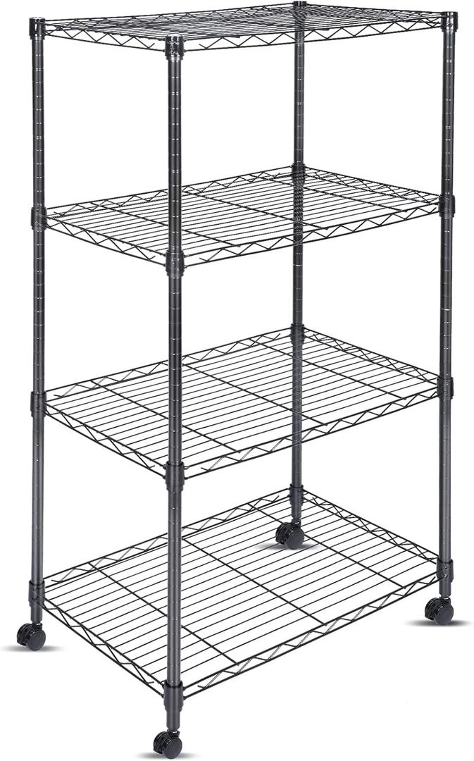 Whitmor 4 Tier Shelving Unit, Adjustable Storage Shelves with Wheels, Wire Shelving, 400 lbs Capacity per Shelf, Max 1600 lbs Total for Laundry, Kitchen, Garage, 24" L x 14" W x 47" H, Black (4-TIER,24"L x 14"W x 47"H)