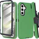 Compatible for Samsung Galaxy S25 Case with Rotating Belt Clip Holster & Built-in Screen Protector, Heavy Duty Shockproof Rugged Armor Protective Cover with Kickstand (Green)
