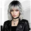 PLULON Silver Gray Curly Bob Wig Heart Sunglasses for Women, Girls Shoulder Length Wavy Wigs with Bangs Synthetic Hair with Hair Cap Funny Party Hair for Bachelorette Party Musicals Halloween Costume