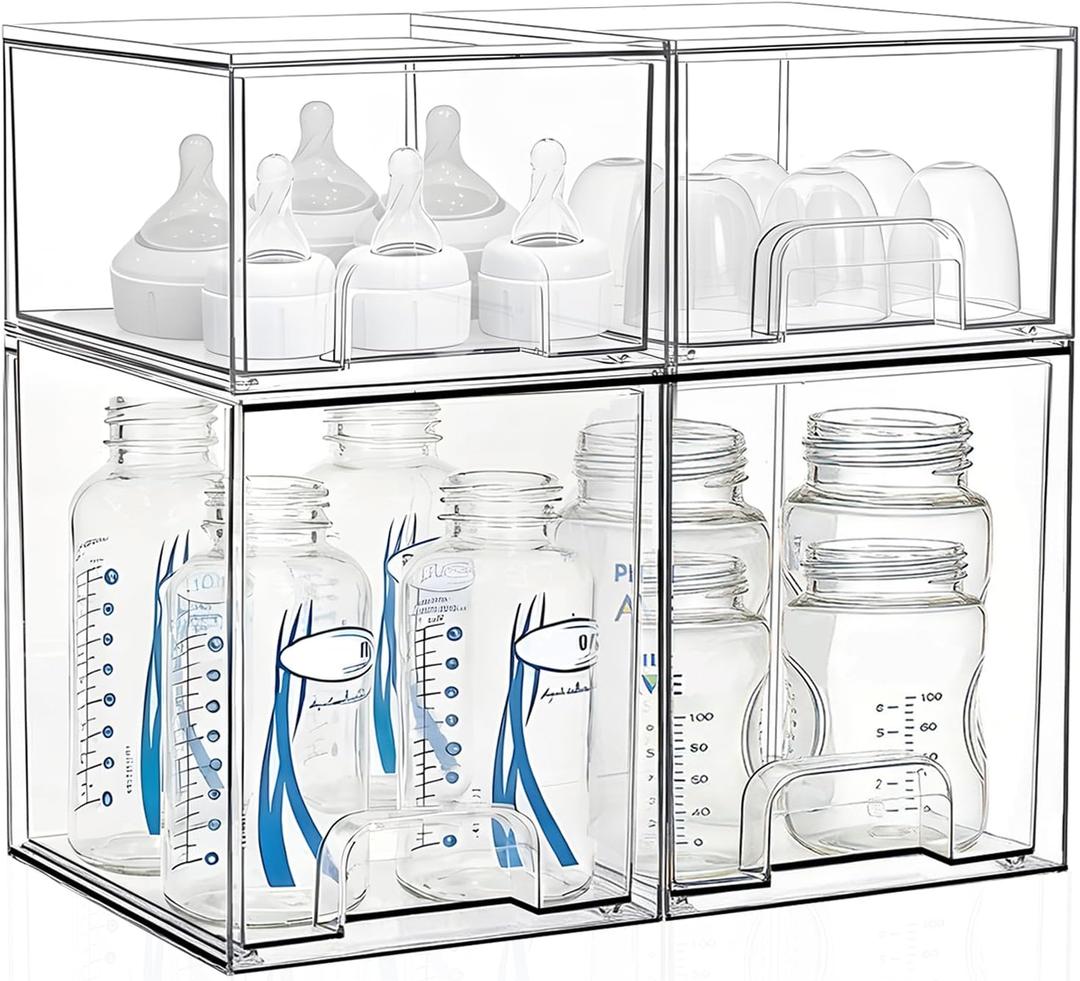 Baby Bottle Storage Organizer: Clear Stackable Storage Drawers, Acrylic Bottles Station Organizer Container for Countertop, Vanity, Bathroom, Cabinet Organization - 4 Pack (2 Small+2 High)