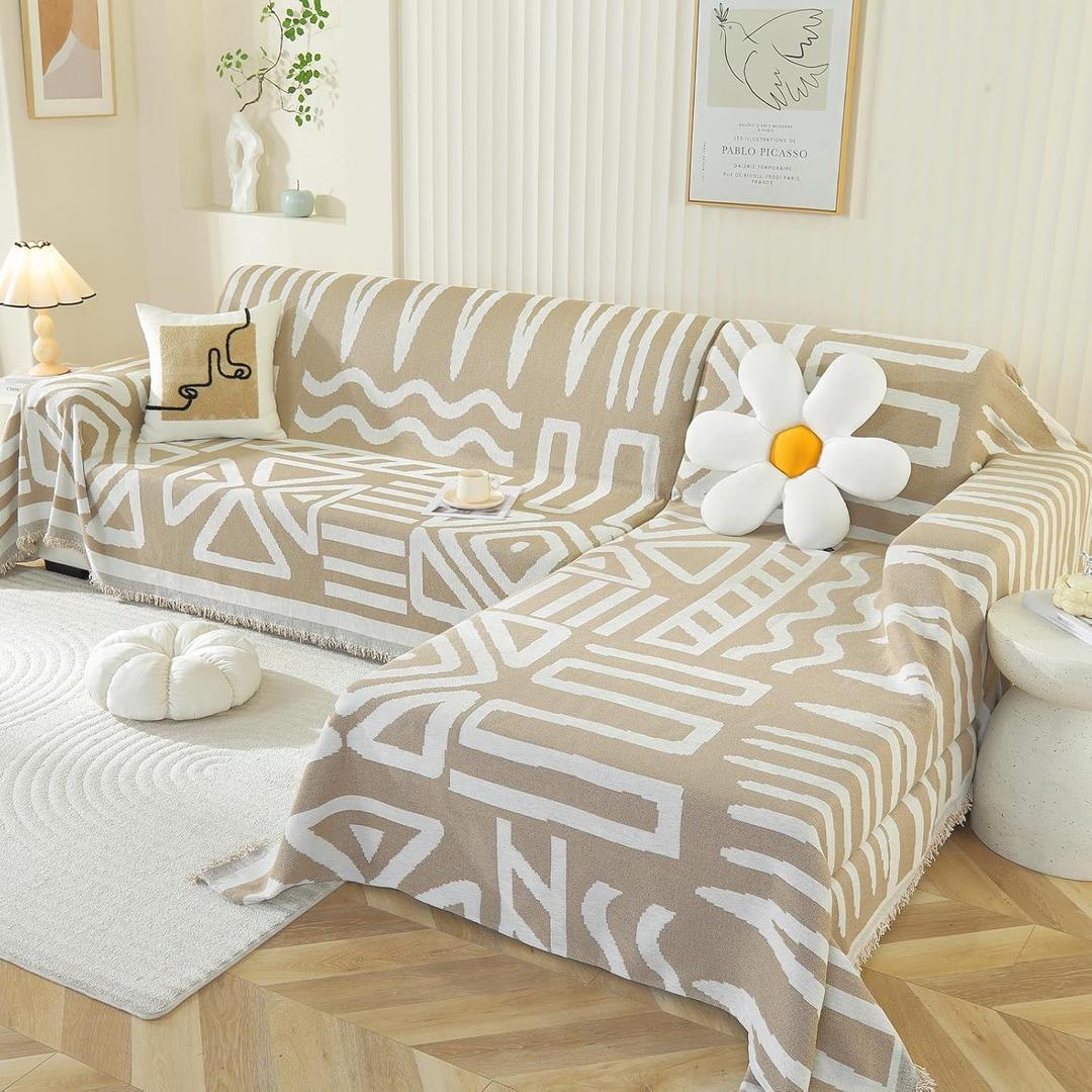 OstepDecor Boho Sectional Couch Covers 2 Pieces, L Shaped Sofa Cover, Chenille Couch Cover for Dogs Washable, Couch Cover Blanket, Sofa Slipcover for 2-3 Cushion Couch (71"x118"+91"x134", Khaki)