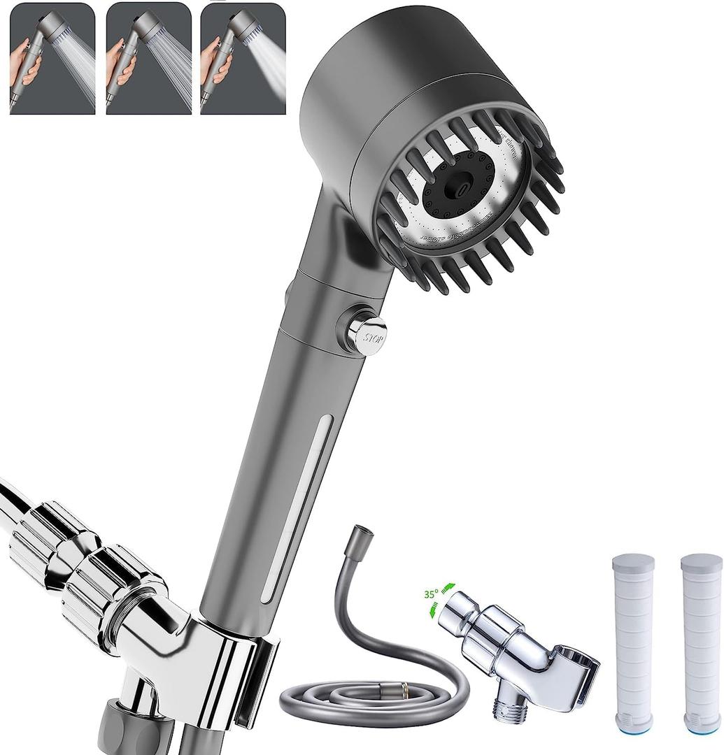 Shower Head with Handheld, Shower Heads High Pressure, High Flow Even with Low Water Pressure-Hand Held Showerhead Set,3 Modes Filtered Showerhead with 59Replacement Hose/Bracket/Cotton Filters (Gray)