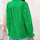 PRETTYGARDEN Women's Dressy Casual Blouse Tops Fall Spring Puff Long Sleeve Button V Neck Hollow Out Lace Embroidered Shirts (Green, S)