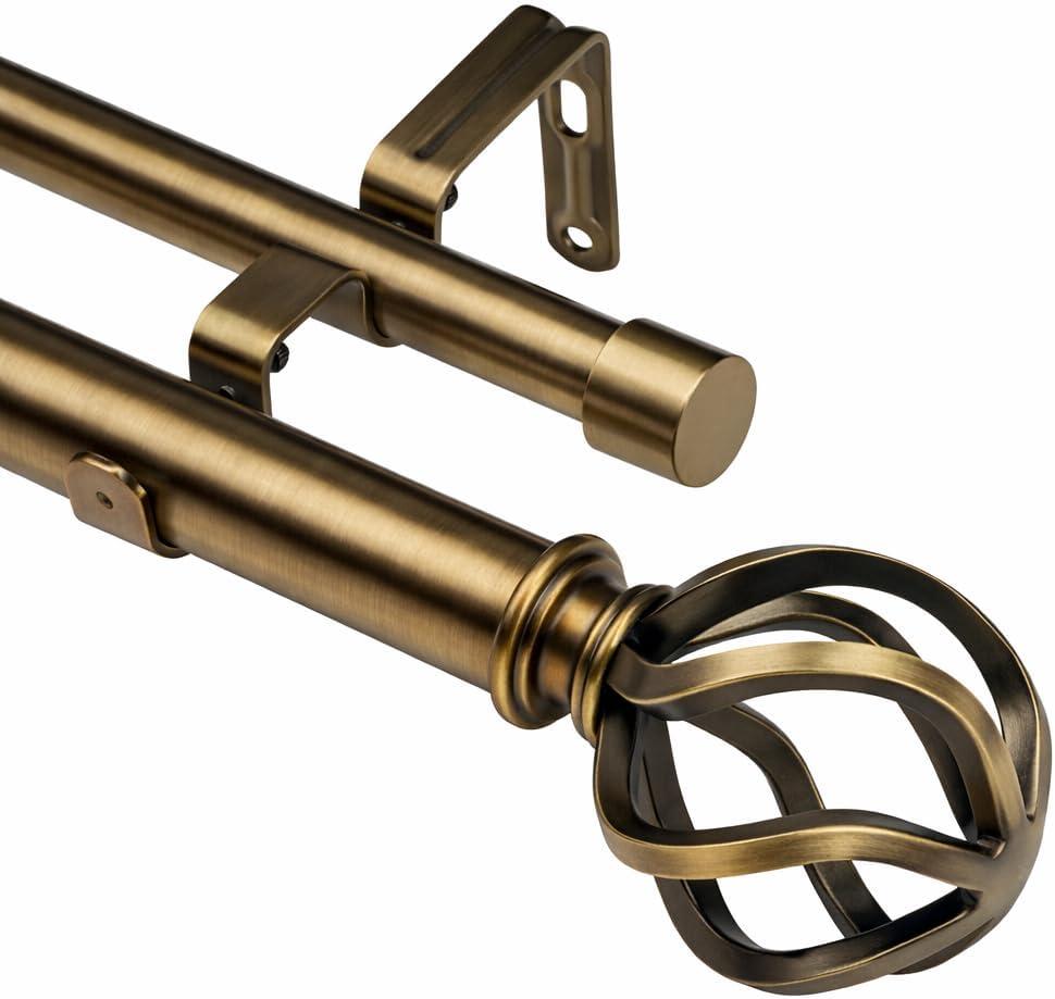 Brass Double Curtain Rods, Heavy Duty Decorative Drapery Rod 36-72 Inches, Telescoping Drapery Rod with Twisted Cage Finials