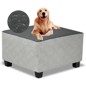 Ottoman Cover Square, Waterproof Square Ottoman Covers Thick Slipcover for Living Room, Washable Storage Footstool Furniture Protector for Dogs, Pets, Dark Grey, Medium (M Length&Width:33"-37",Height:14"-20")