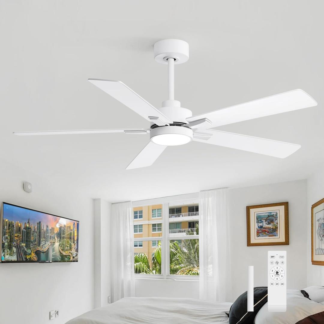 Ceiling Fans with LED Lights, 52 Inch 5-Blade Ceiling Fan Remote Control, Industrial Ceiling Fan with Reversible DC Motor, Downrod Mount LED Ceiling Light Chandelier for Bedroom (White)