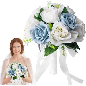 Wedding Bouquets for Bride & Bridesmaid - Realistic Silk Flowers Artificial Roses, 8 Inch Bridesmaid Bouquet for Ceremony, Church, Anniversary, and Home Decoration (White & Blue)