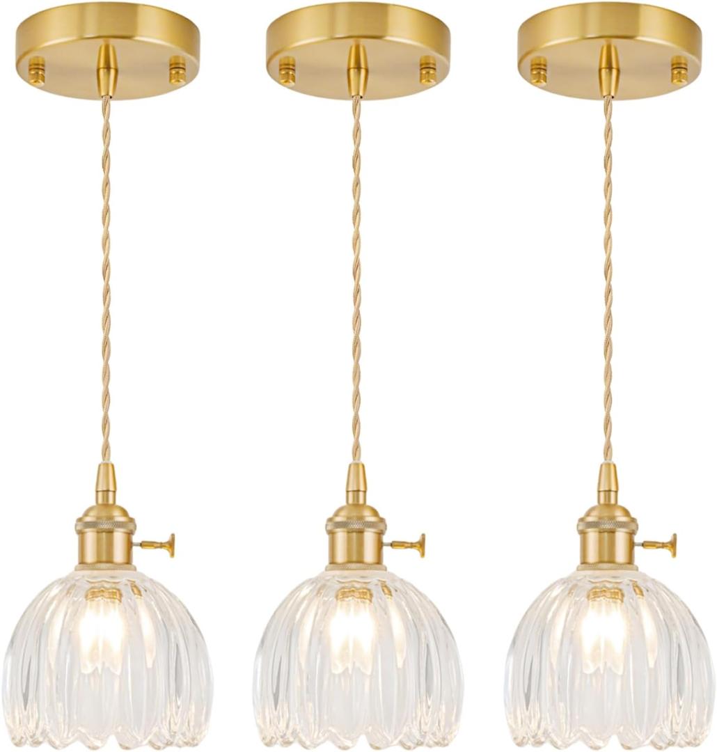 Mini Pendant Lights Kitchen island 3 Pack, Small Adjustable Pendant Light Fixture with Transparent Tulip Glass Lampshade, Vintage Gold Pendant Lighting, Pendant Light for Bedroom Dining Room Hallway