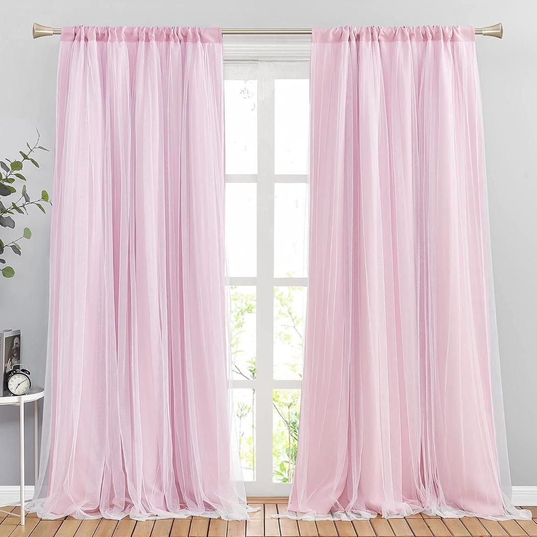 PONY DANCE Pink Curtains for Bedroom - Double-Layered Curtains for Nursery Girls with Tie-Backs Sheer Drapes Light Blocking, 52 inch Wide by 84 inch Length, Pink, 2 Pcs