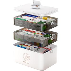 JWShang Medicine Organizer with Pill Box and Handle, Portable Large Capacity Medicine Storage Organizer with Moisture-Proof, Empty First Aid Box for Home, Dorm, Office, Travel (3-Tier)