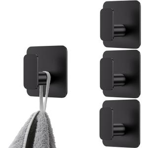 Black Square Adhesive Hooks for Shower, Bathroom, Kitchen, Robe, Towel, Coat, Waterproof & Rustproof Heavy Duty Hook for Walls No Damage, Stainless Steel Sticky Hook (4)