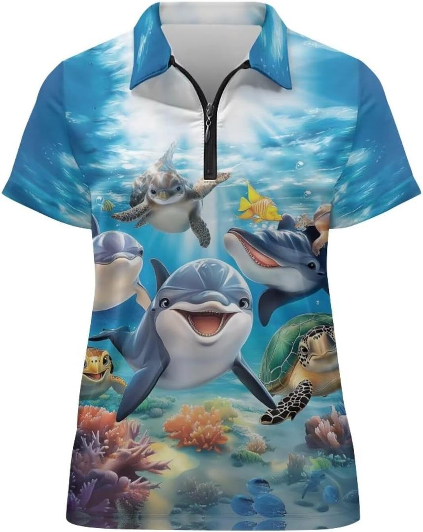 WELLFLYHOM Golf Shirts Short Sleeve Tennis Tops for Women Golf Top 1/4 Zip Workout Sport T-Shirt (Medium, Dolphin Ocean Animals)