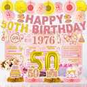 24 Pcs 50th Birthday Decorations for Women, Back in 1976 Party Supplies, Pink Gold 50th Birthday Banner Backdrop Hanging Swirls Balloons Honeycomb Centerpieces Sash