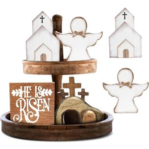Empty Tomb Easter Scene Tray Bundle Kit Easter Decor with Dove Cross Wooden Signs Tiered Tray for Indoor Home Table Mantle Office