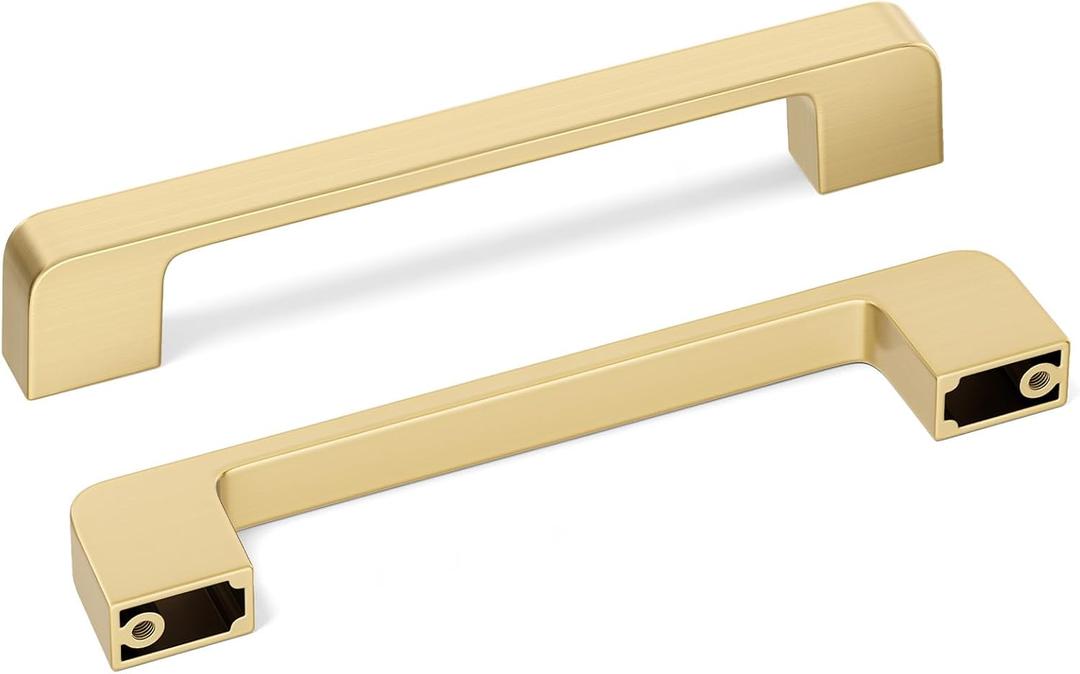 Haliwu 10 Pack Cabinet Handles Brushed Gold Cabinet Pulls 5 Inch Hole Center Drawer Pulls Modern Square Dresser Handles for Bathroom Kitchen Bedroom, Zinc Alloy