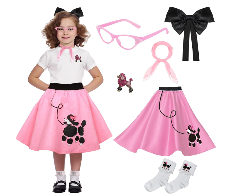 Pikpops 50s Girls Poodle Skirt Kids Sock Hop Outfit, Decades Day Costume - Grease Accessories Bobby Socks, Scarf & Glasses (Pink, 4-6 Yrs)
