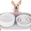 Elevated Slow Feeder Dog Bowls - Ceramic Food and Water Bowl Set with Stand - Raised Pet Dishes for Small and Medium Sized Dogs (White)