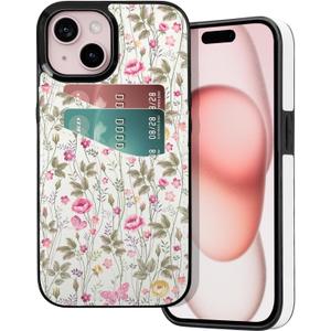 for iPhone 13/14/15 Wallet Case Card Holder Slot Slim Cute Design Soft Leather Protective Phone Case with 2 Credit Card Pockets Cover for 6.1 inch for Women Girls,Butterfly Flowers