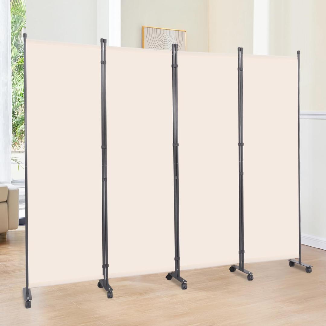 Room Divider 6FT Room Partition with Lockable Wheels, (Thicked Metal Base) Room Dividers, Freestanding Indoor Folding Privacy Screens, Portable Fabric Wall Divider for (Beige, 88"- 4 Panel)