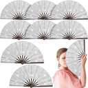 Wenqik 7 Pcs Large Glitter Rave Fan Decoration Foldable Bamboo Folding Hand Foldable Chinese Kung Fu Fan for Home Dance Club Festival Party Stage Performance Decoration(Silver)