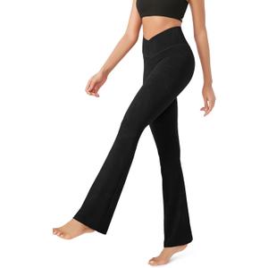 ODODOS Women's Cross Waist Bootcut Yoga Pants with Inner Pocket, Non See Through Bootleg Gym Workout Pants -Inseam 31", Embossed Wave Black, Small