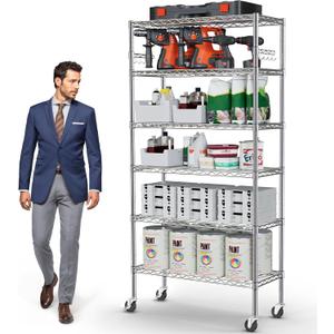 YNN Storage Shelves,6000Lbs 6 Tier Heavy Duty Metal Rolling Shelving Unit with Wheels & 8 Hooks, Adjustable Garage Wire Rack for Kitchen, Bathroom,Industrial,Pantry(36" W x 14" D x 72" H, Chrome)