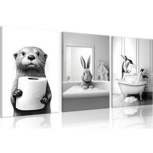 Funny Bathroom Animal Canvas Wall Art Set of 3, Black and White Raccoon Penguin Wall Decor Prints, Animals in the Bathtub Poster Picture for Bedroom Living Room Kids Room 16x24 Inch Framed