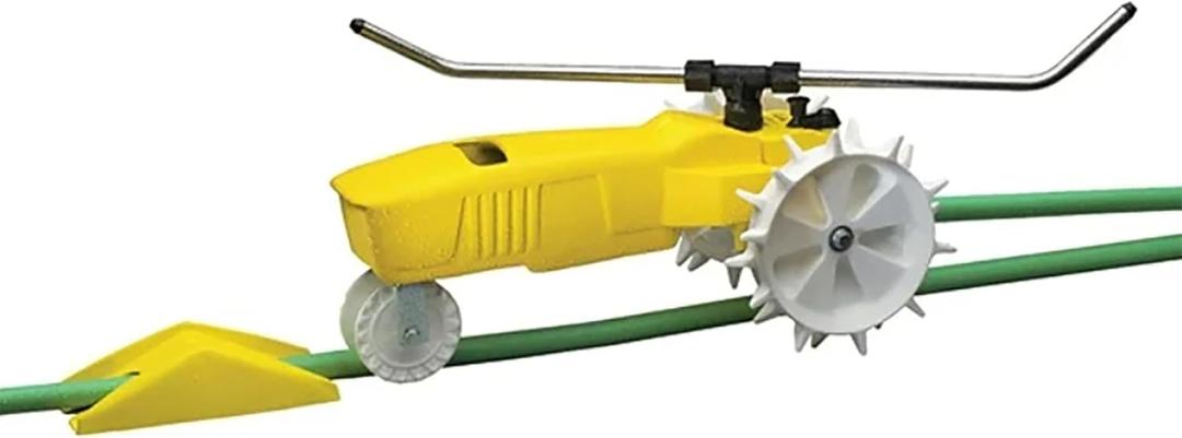 Nelson Rain Train 13,500 Square Feet Cast Iron Outdoor Lawn Traveling Water Sprinkler for Yard, and Garden, with Auto Shut Off, Yellow