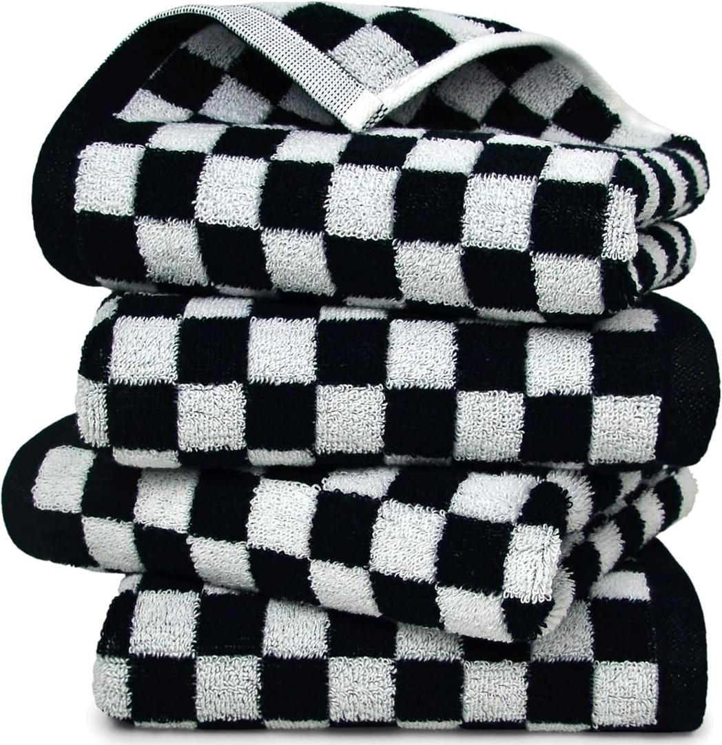 Black and White Hand Towels for Kitchen 4 Pack Cotton, Decorative Bathroom Towels Checkered Decor Farmhouse Cute for Men Women Gifts, 13" x 29"