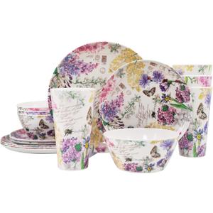 Melamine Dinnerware Set for 4-16 Pcs:Camping Dishes Set with Dinner Plates,Salad Plates,Cups and Bowls.Lightweight and Unbreakable.Indoor and Outdoor Use. (flower 8)